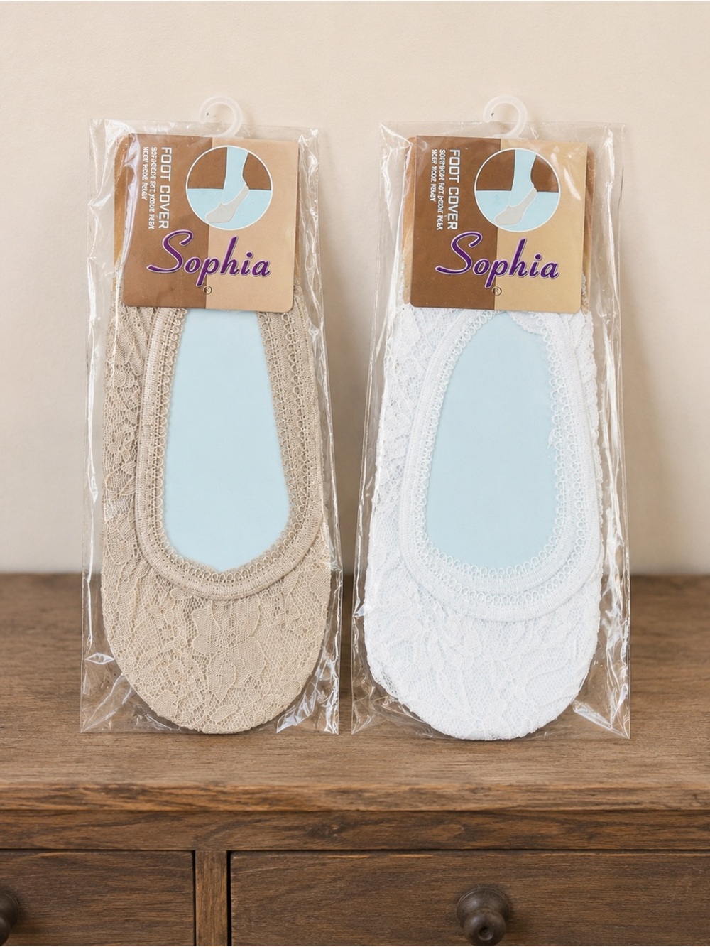 NWT Two Pair Bundle Sophia White Tan Lace Foot Covers Foot Liners OS